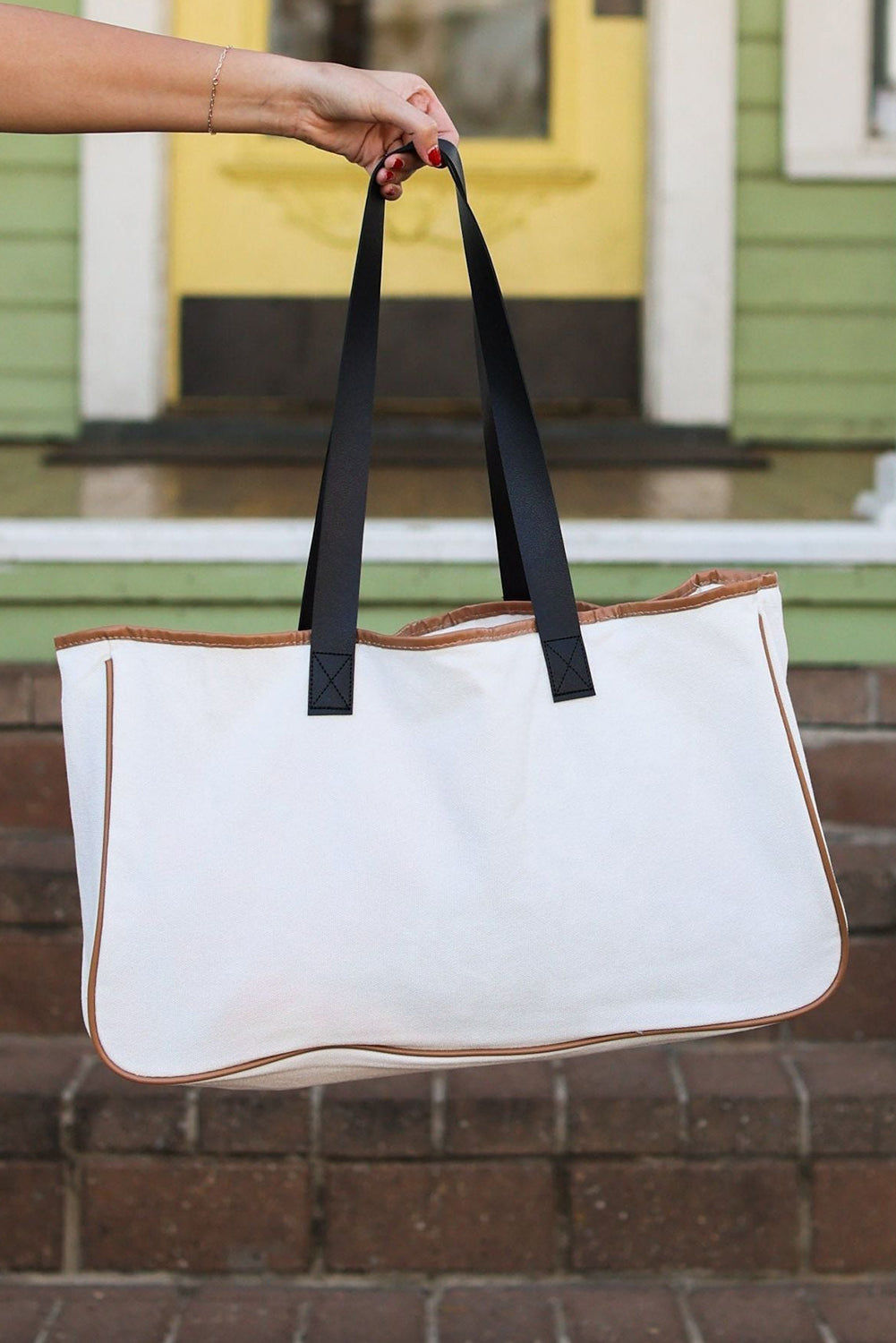 White Vacation BREATHE Contrast Trim Large Tote Bag