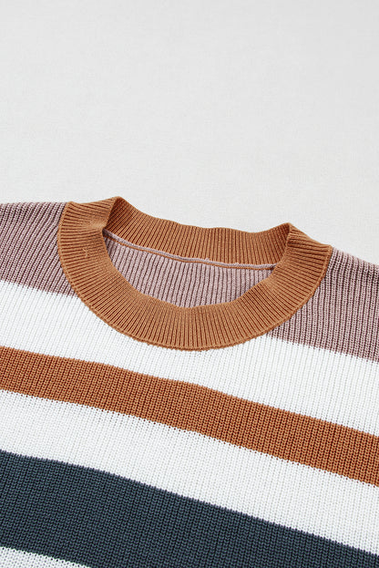 Camel Striped Knit Crew Neck T Shirt Sweater