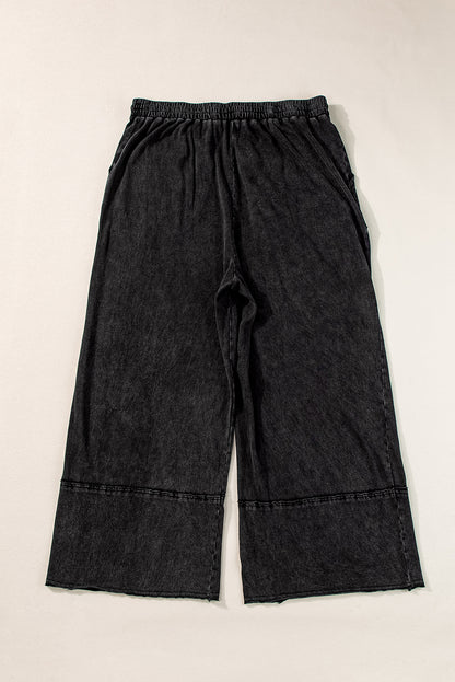 Black Plus Mineral Wash Exposed Seam Wide Leg Cropped Pants