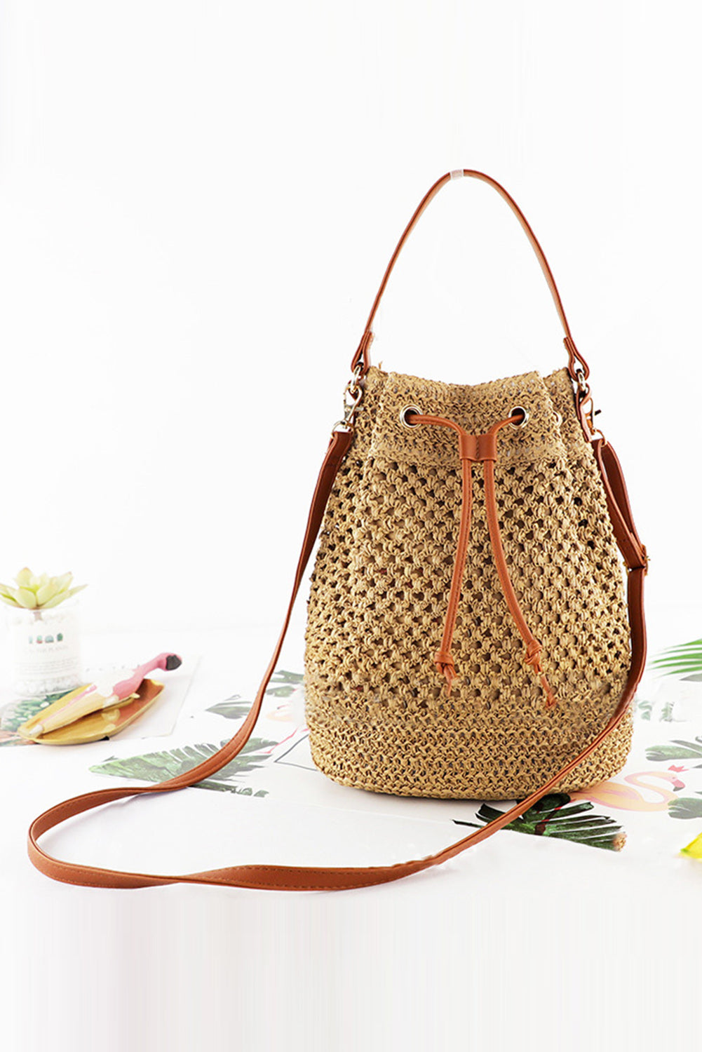 Wholesale Camel Paper Rope Woven Large Capacity Bucket Shoulder Bag