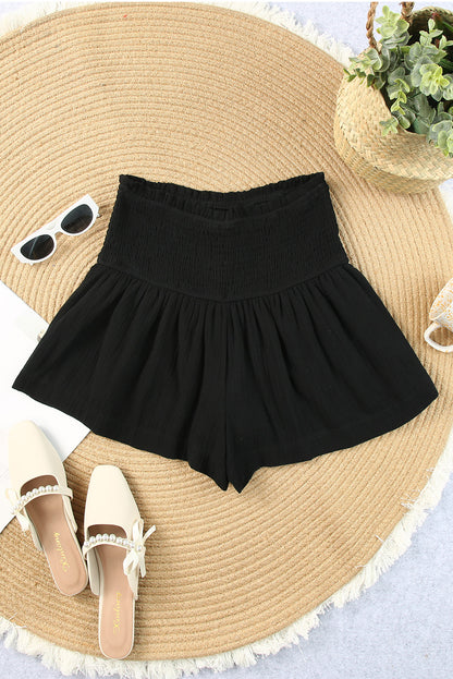 Black Basic Smocked High Waist Ruffle Shorts