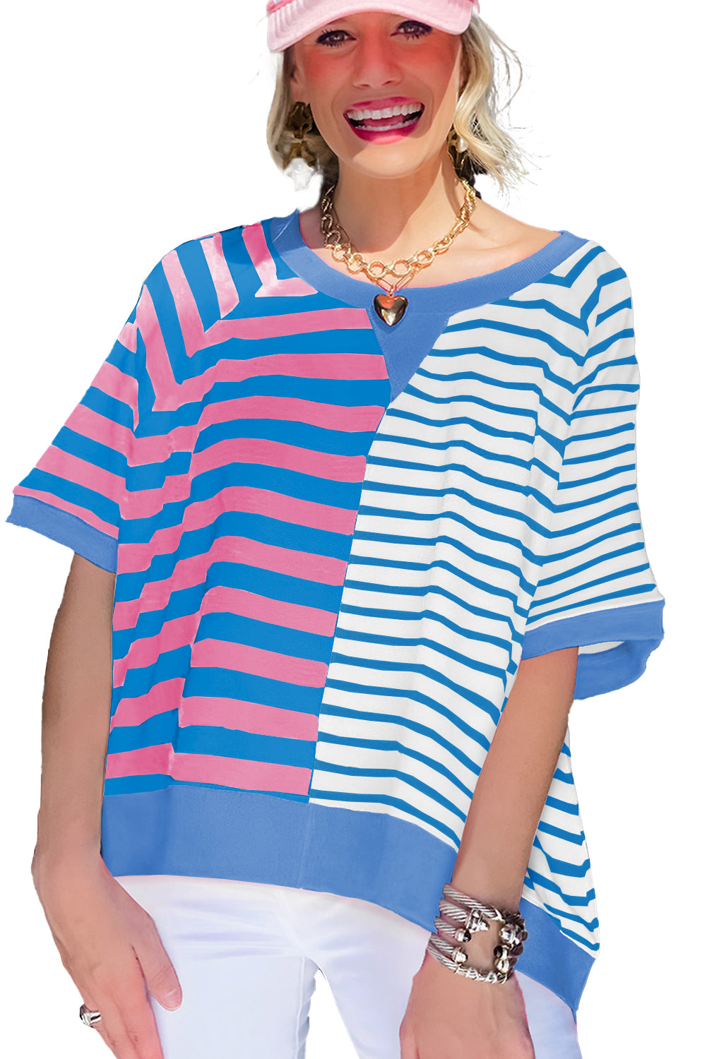 Pink Striped Colorblock Oversized T Shirt