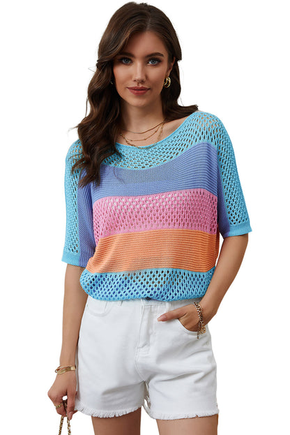 Sky Blue Knitted Eyelet Colorblock Striped Half Sleeves Top