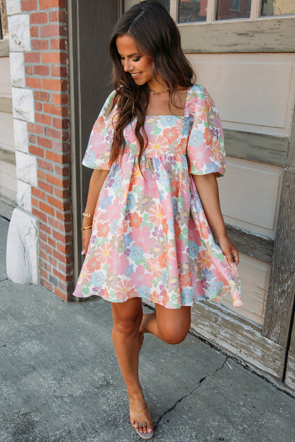 Pink Summer Floral Square Neck Puff Sleeve Babydoll Dress