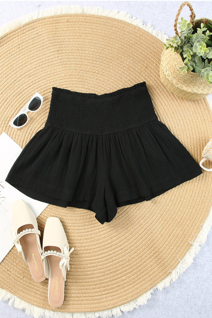 Black Basic Smocked High Waist Ruffle Shorts