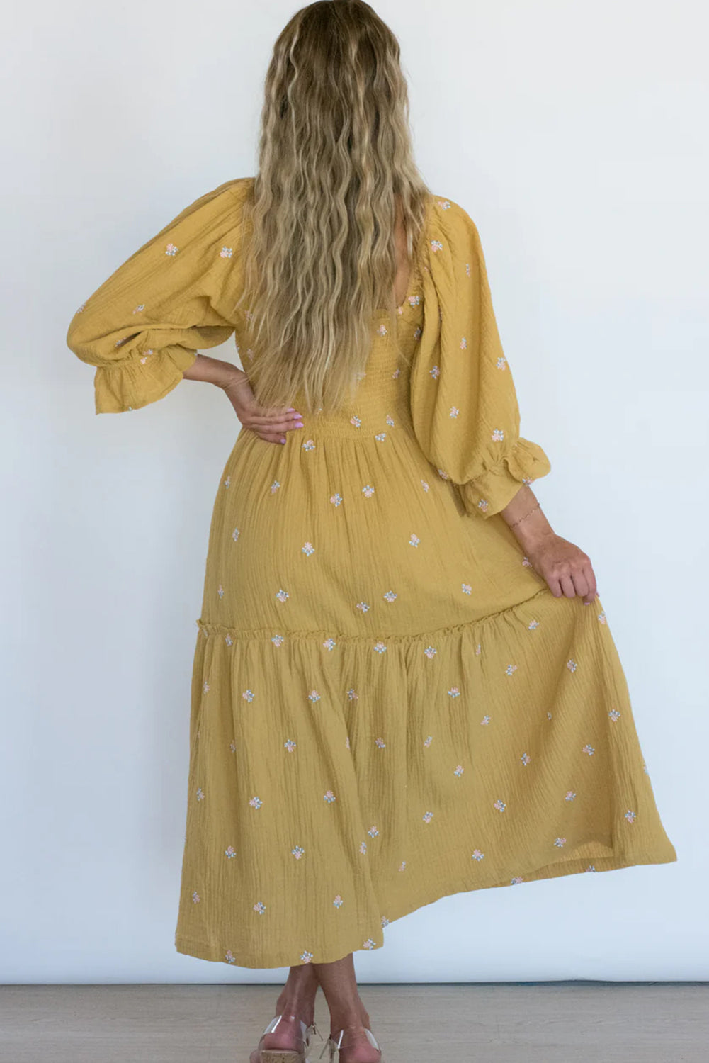 Yellow Printed Boho Ruffled Bracelet Sleeve Smocked Textured Midi Dress