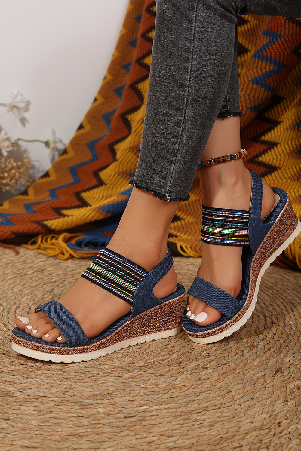 Dark Blue Elastic Striped Band Platform Wedge Sandals