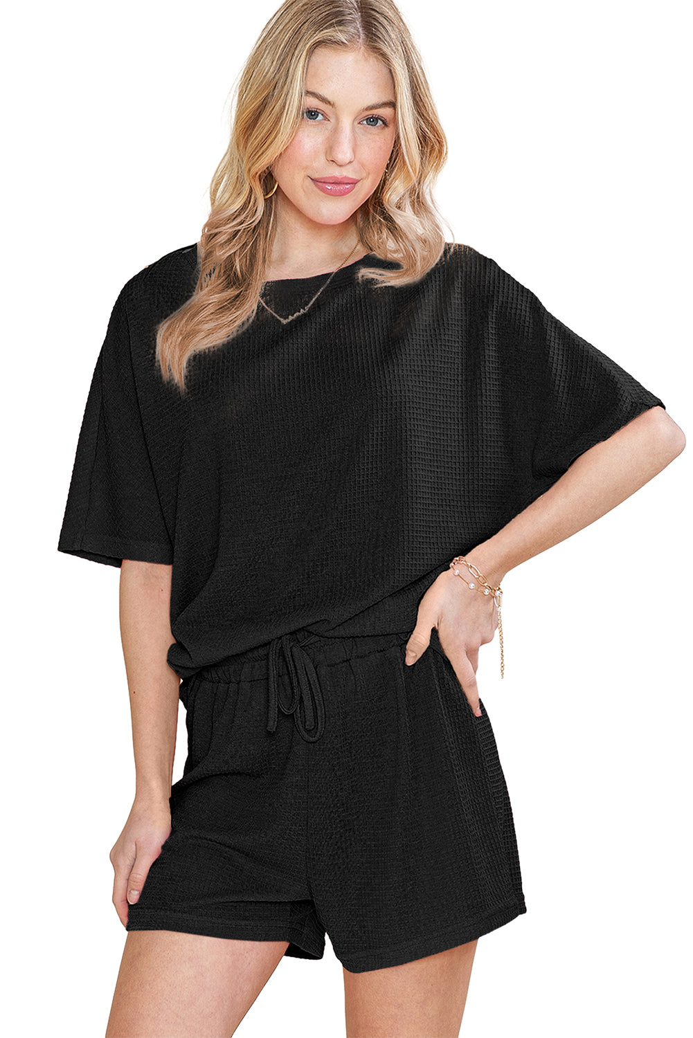 Black Waffle Textured Tee and Drawstring Shorts Set