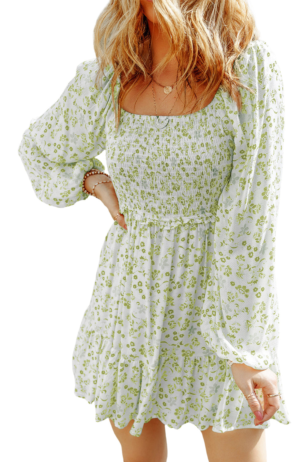 Pear Green Boho Floral Smocked Puff Sleeve Mini Dress