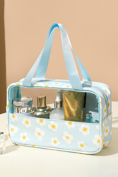 Mist Blue Floral Print Zipper Waterproof Clear Makeup Bag