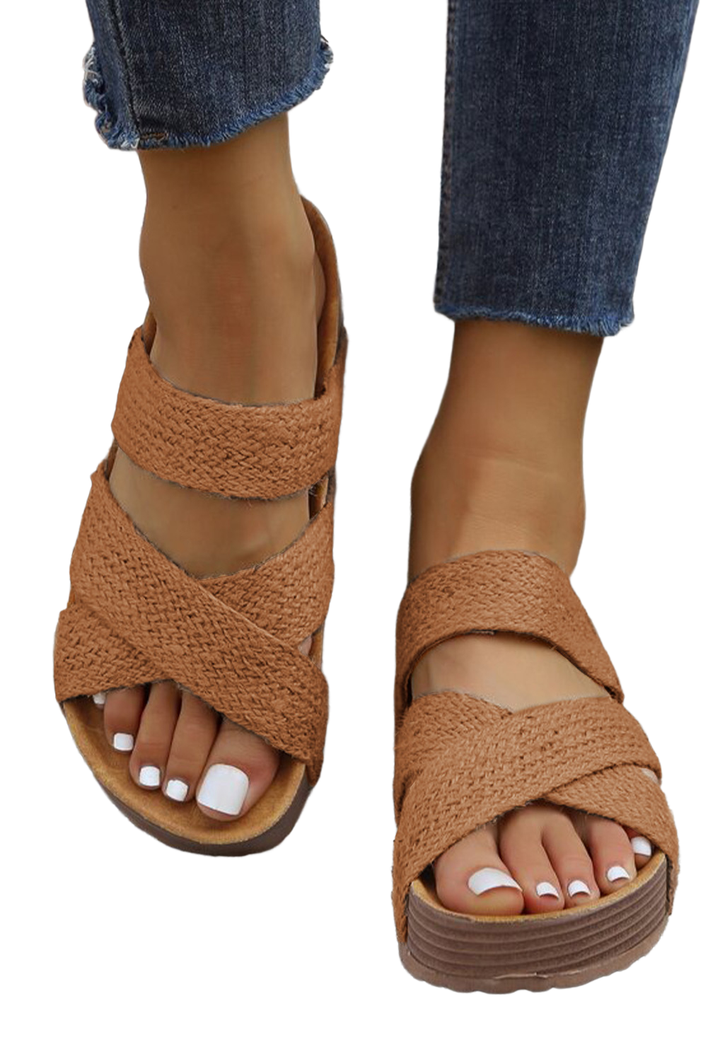 Brown Woven Criss Cross Strap Platform Slip On Sandals