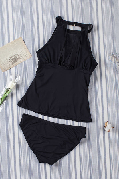 Black Cutout Mesh Ruched Tankini Swimsuit