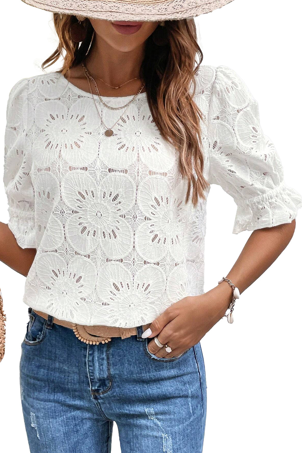 White Flower Eyelet Jacquard Keyhole Puff Sleeve Blouse