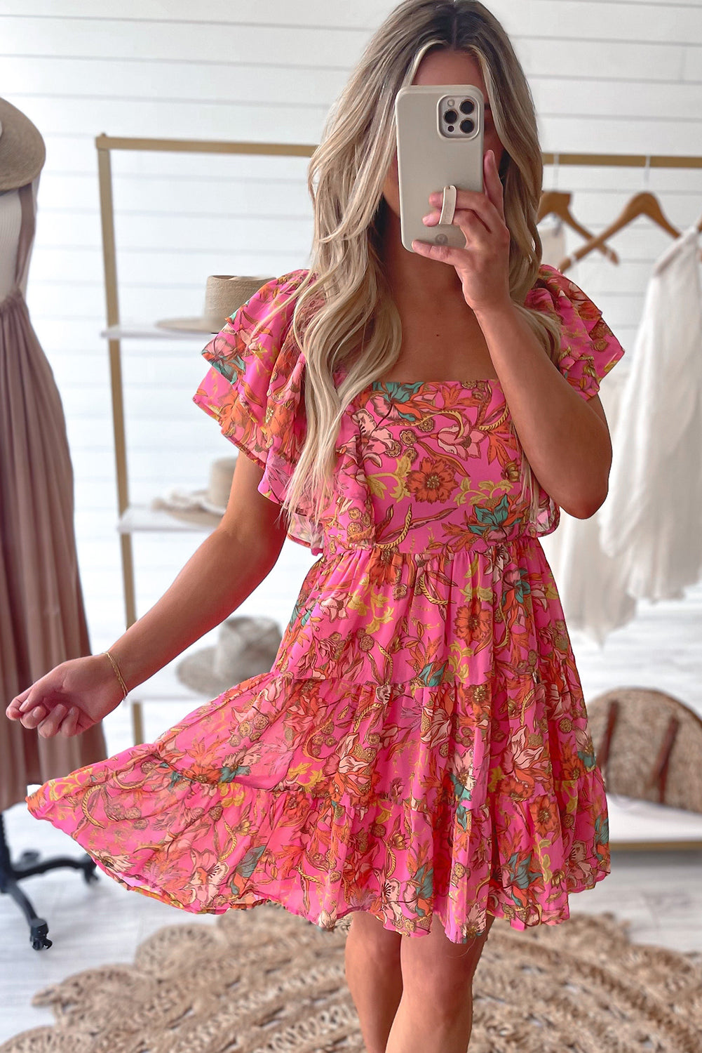 Pink Floral Square Neck Ruffle Sleeve Tiered Dress