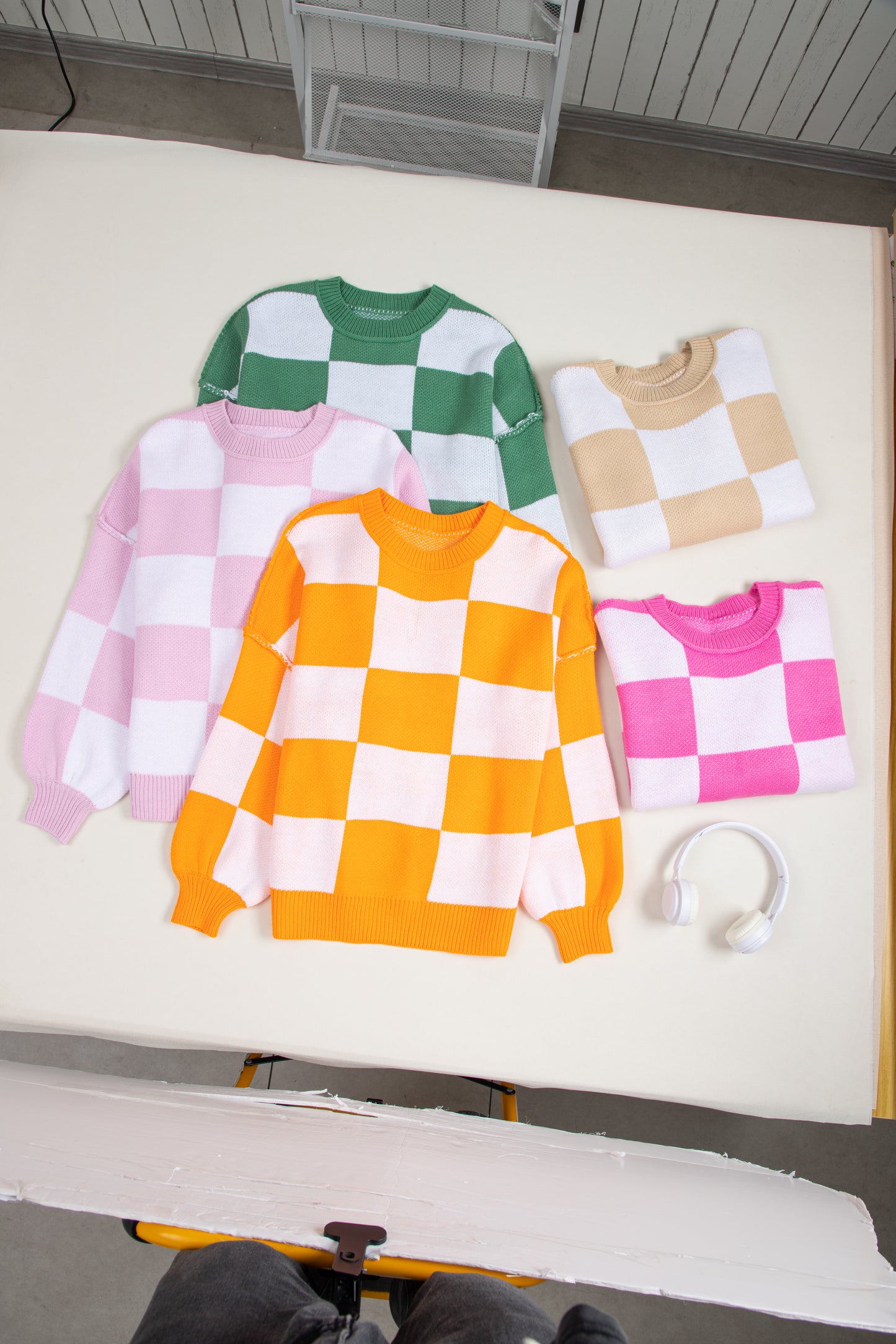 Pink Checkered Bishop Sleeve Sweater