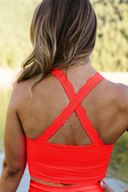 Fiery Red Scallop Hem Cross Straps Cropped Bikini Top