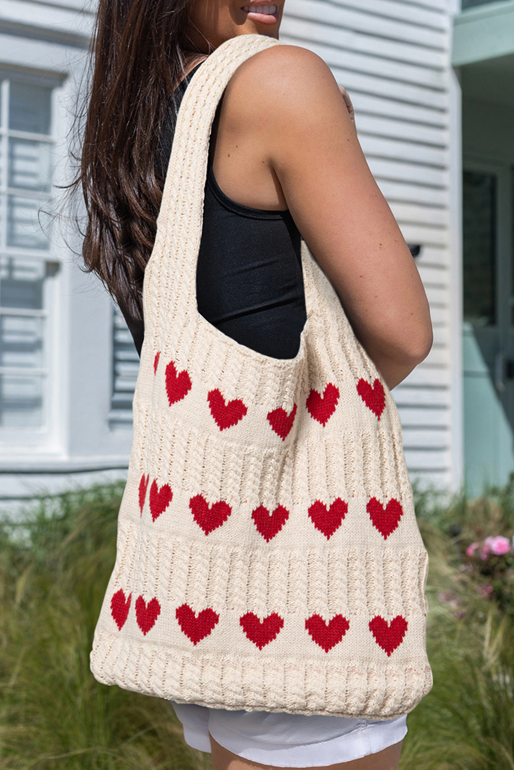 Blue Heart Pattern Knit Shoulder Bag