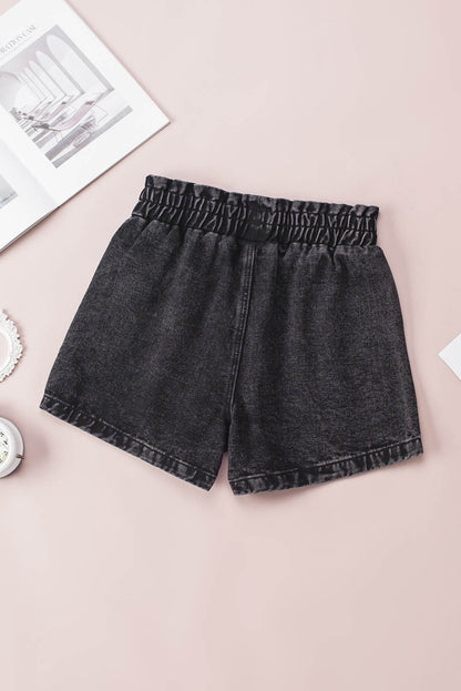 Black Bleached Casual Frill Elastic High Waist Pocket Denim Shorts