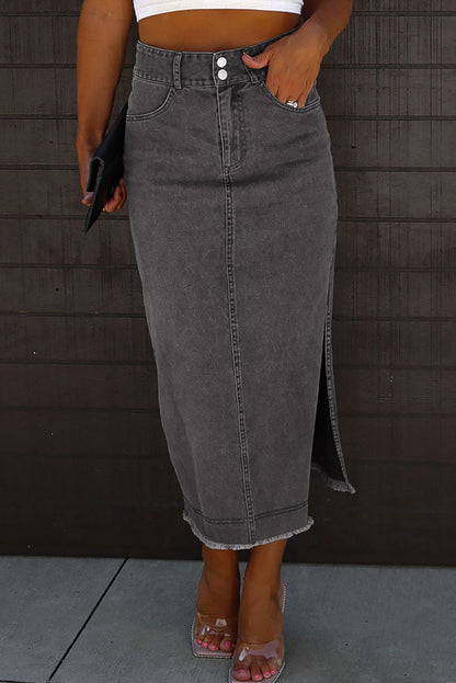 Black Raw Edge Side Slits Buttoned Midi Denim Skirt