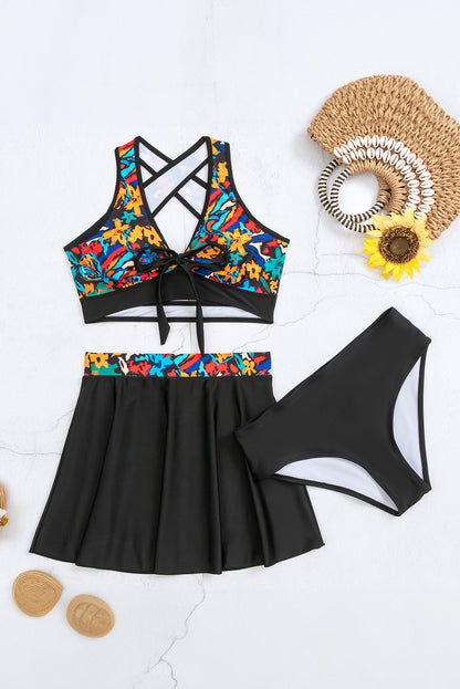 Black 3pcs Abstract Printe Crossed Top and A Line Skirt Bikini Set