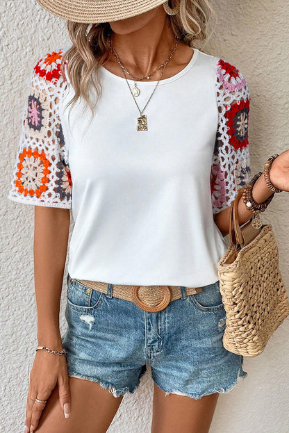 White Floral Hollowed Crochet Sleeve Boho Blouse