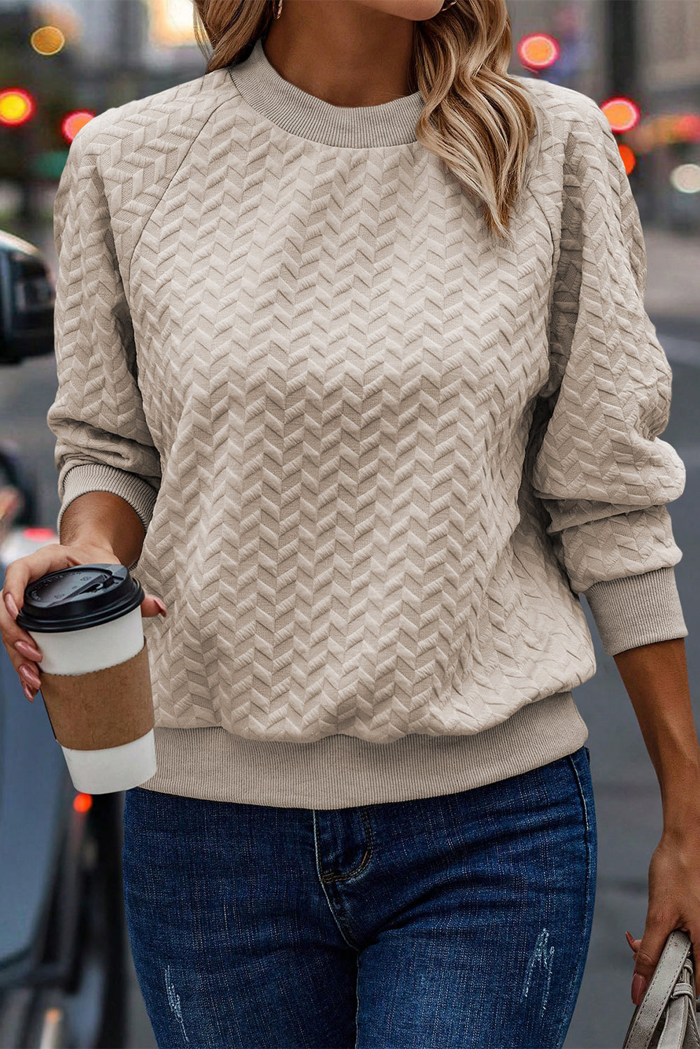 Beige Solid Textured Raglan Sleeve Pullover Sweatshirt