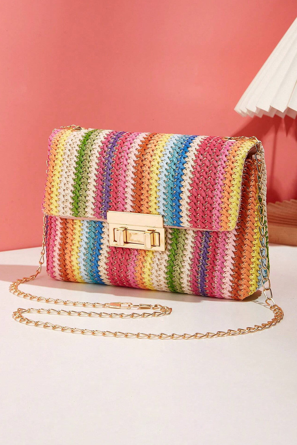 Strawberry Pink Striped Crochet Flapped Single Shoulder Bag