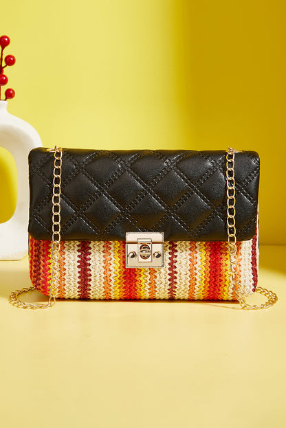 Wholesale Black Quilted Flap Printed Knit Chain Single Shoulder Bag