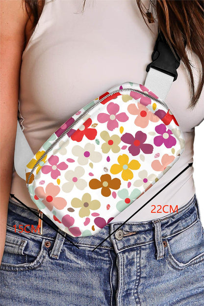 White 60s Vintage Flower Print Zip Up Crossbody Bag