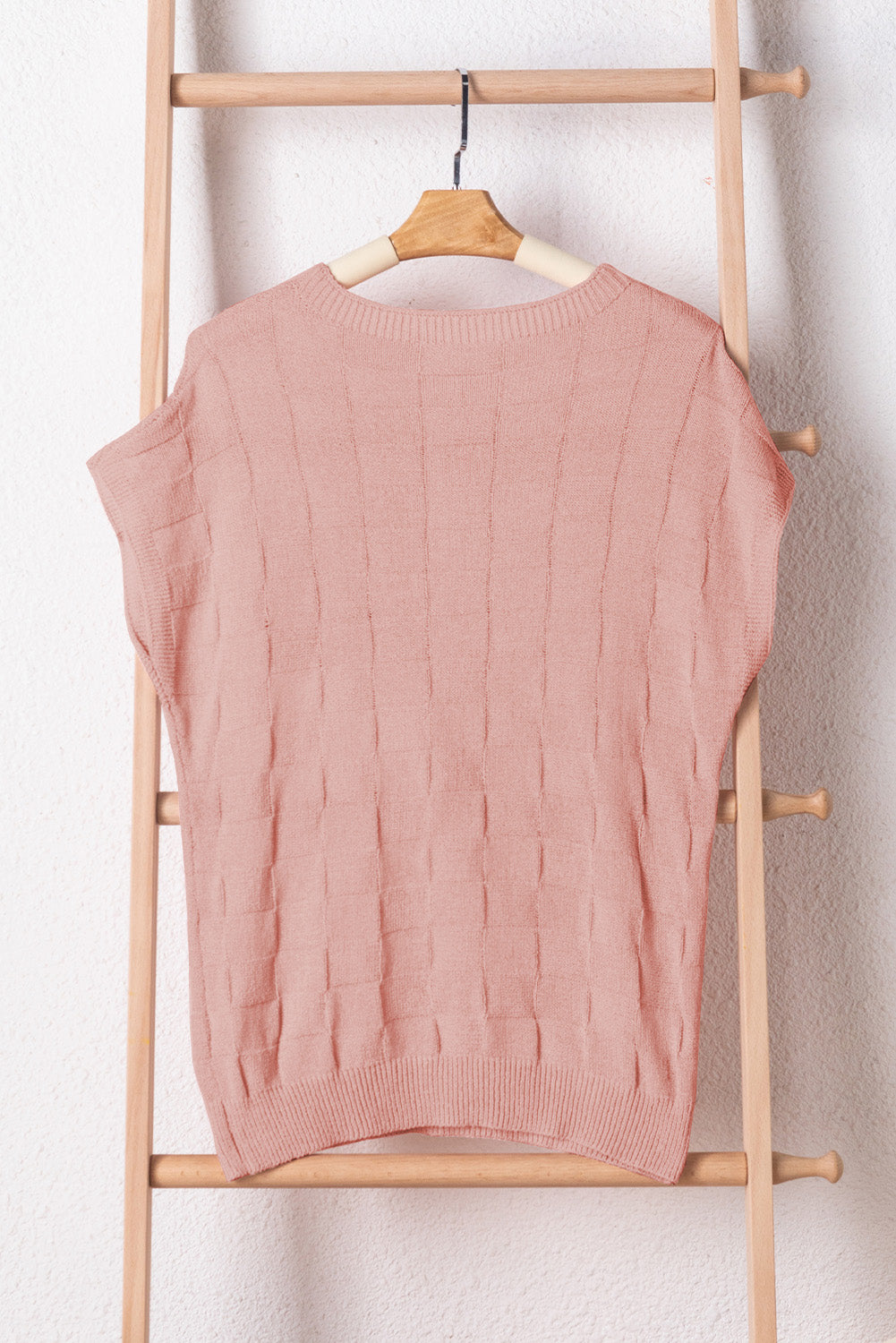 Dusty Pink Lattice Textured Knit Short Sleeve Sweater