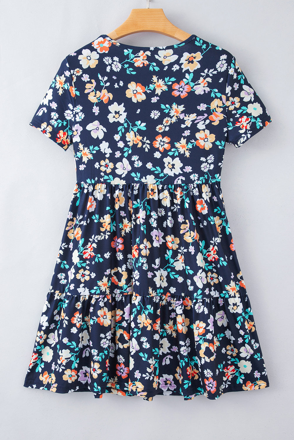 Blue Short Sleeve A-line Floral Dress