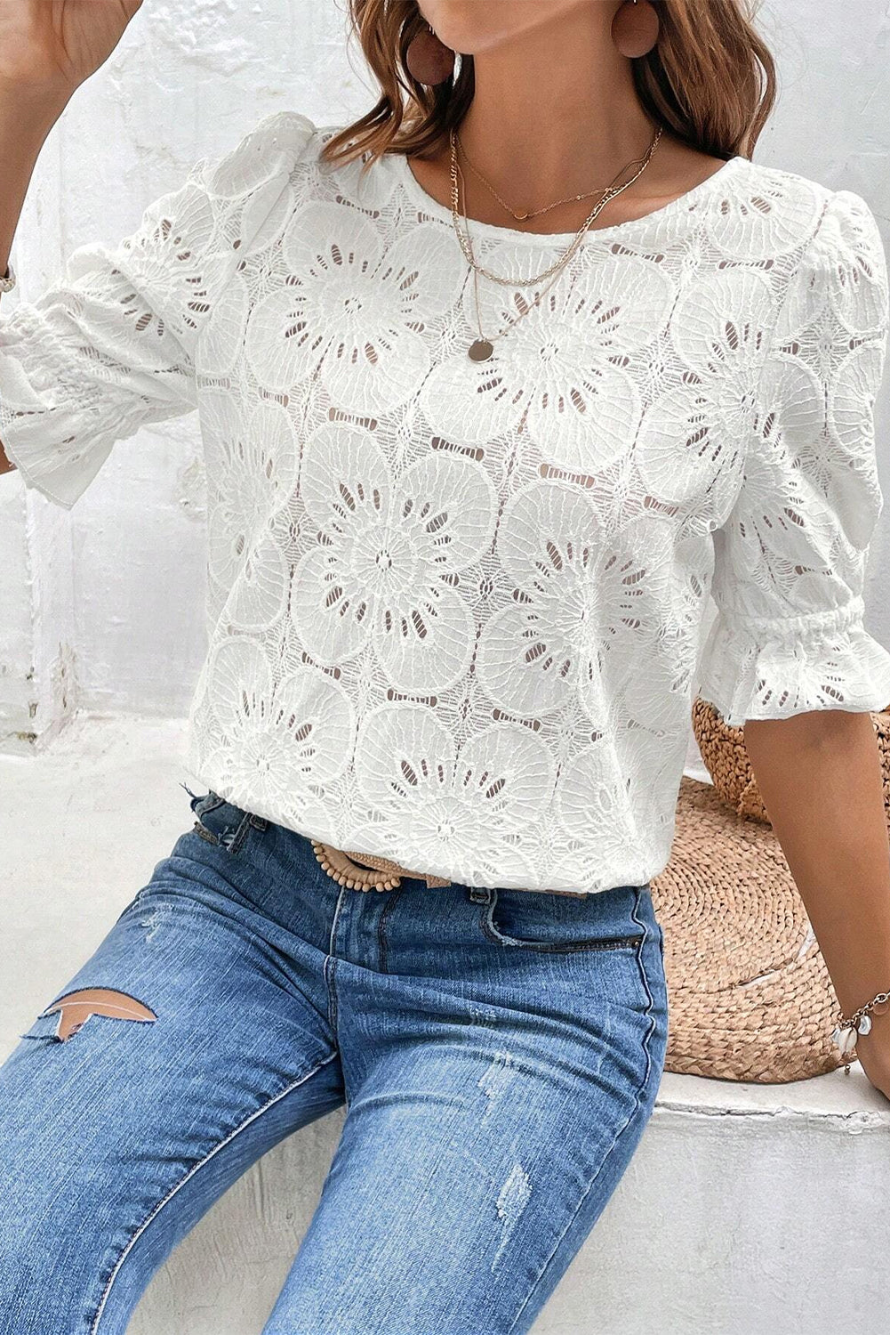 White Flower Eyelet Jacquard Keyhole Puff Sleeve Blouse