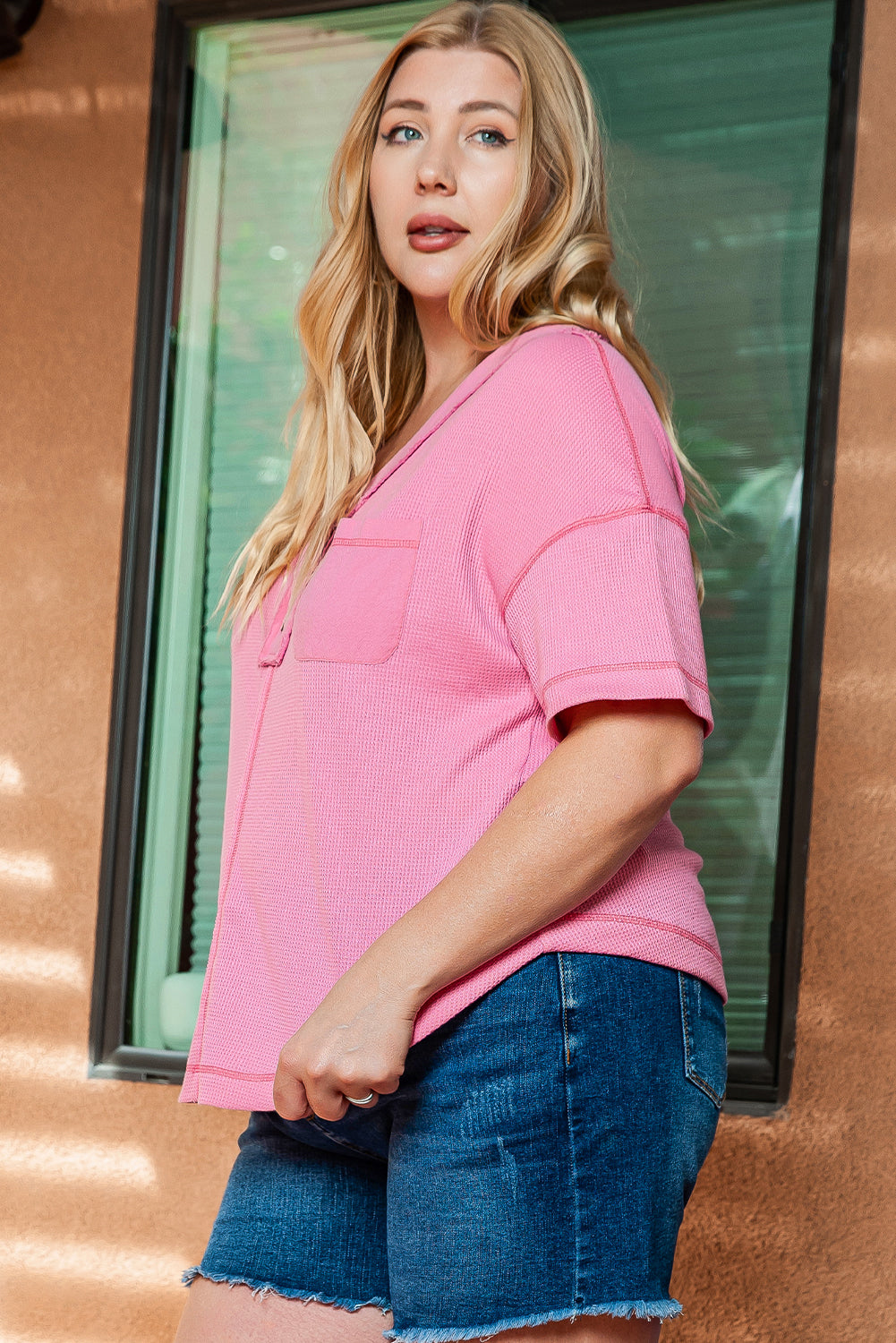 Pink Plus Size Waffle Knit Exposed Seam V Neck Henley T-shirt