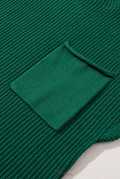 Blackish Green Patch Pocket Ribbed Knit Short Sleeve Sweater