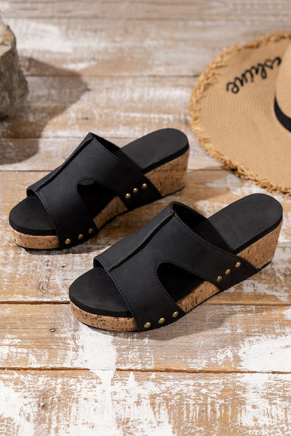 Black Cut Out Rivet Slip-on Wedge Slippers