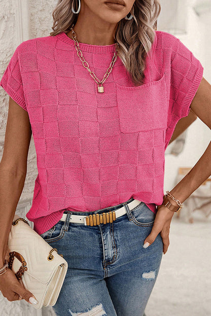 Bright Pink Lattice Textured Knit Short Sleeve Sweater