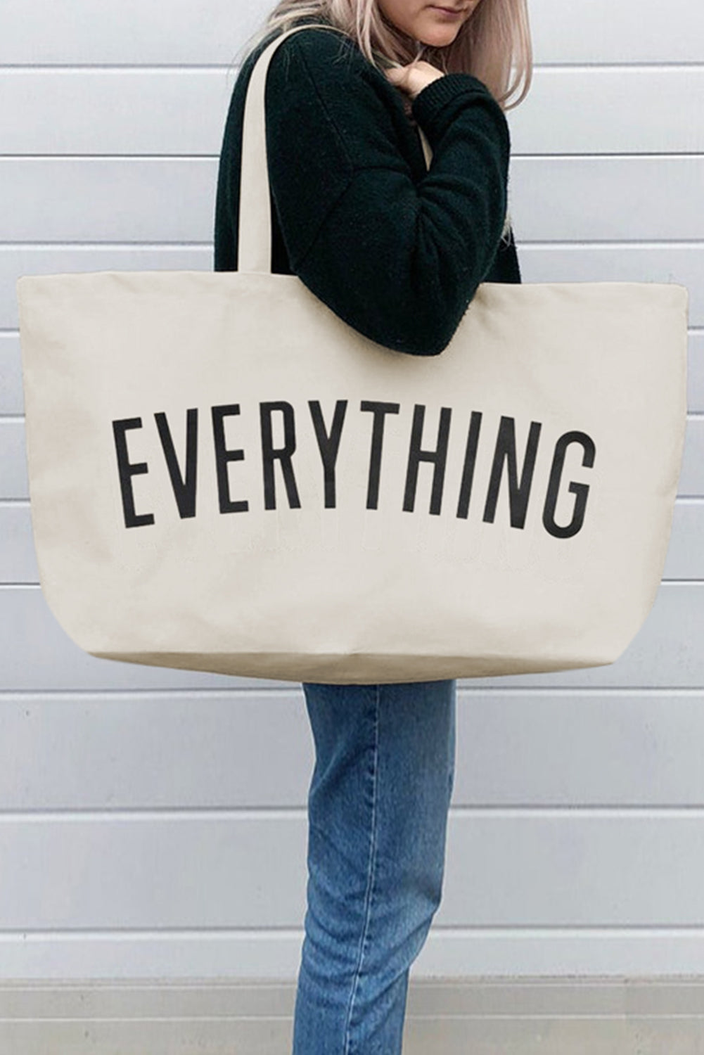 White 73*17*44cm EVERYTHING Letter Print Large Canvas Tote Bag