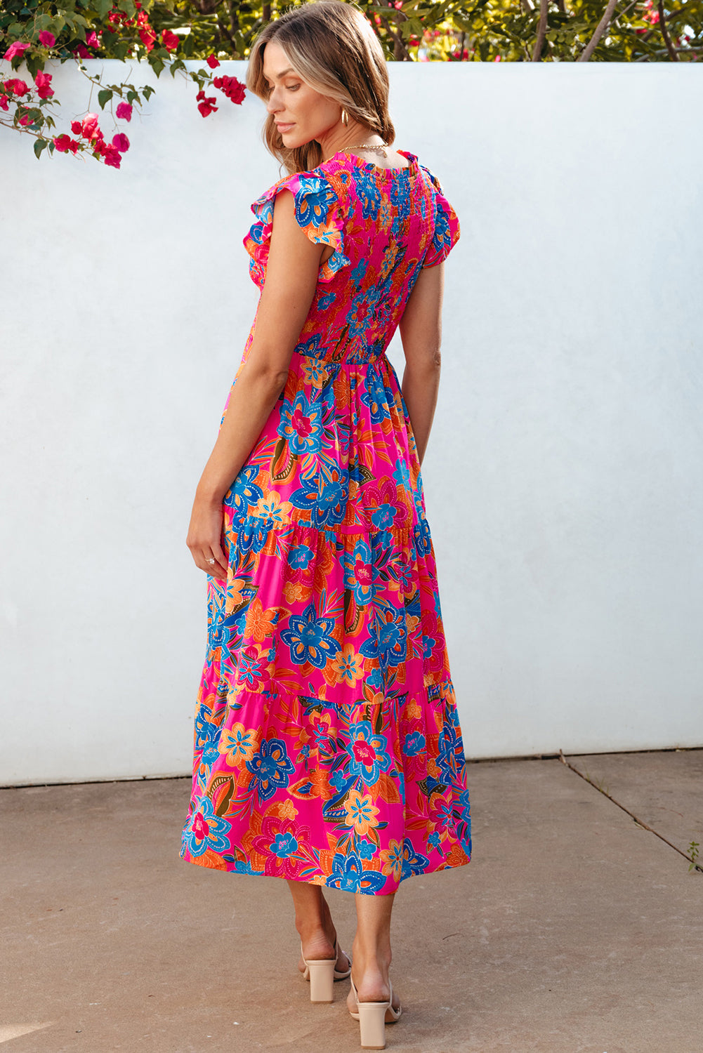 Rose Red Boho Floral V Neck Ruffle Tiered Long Dress