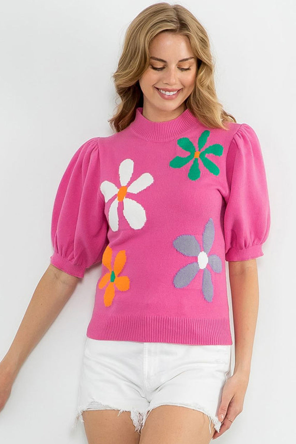 Bright Pink Floral Bubble Short Sleeve Sweater