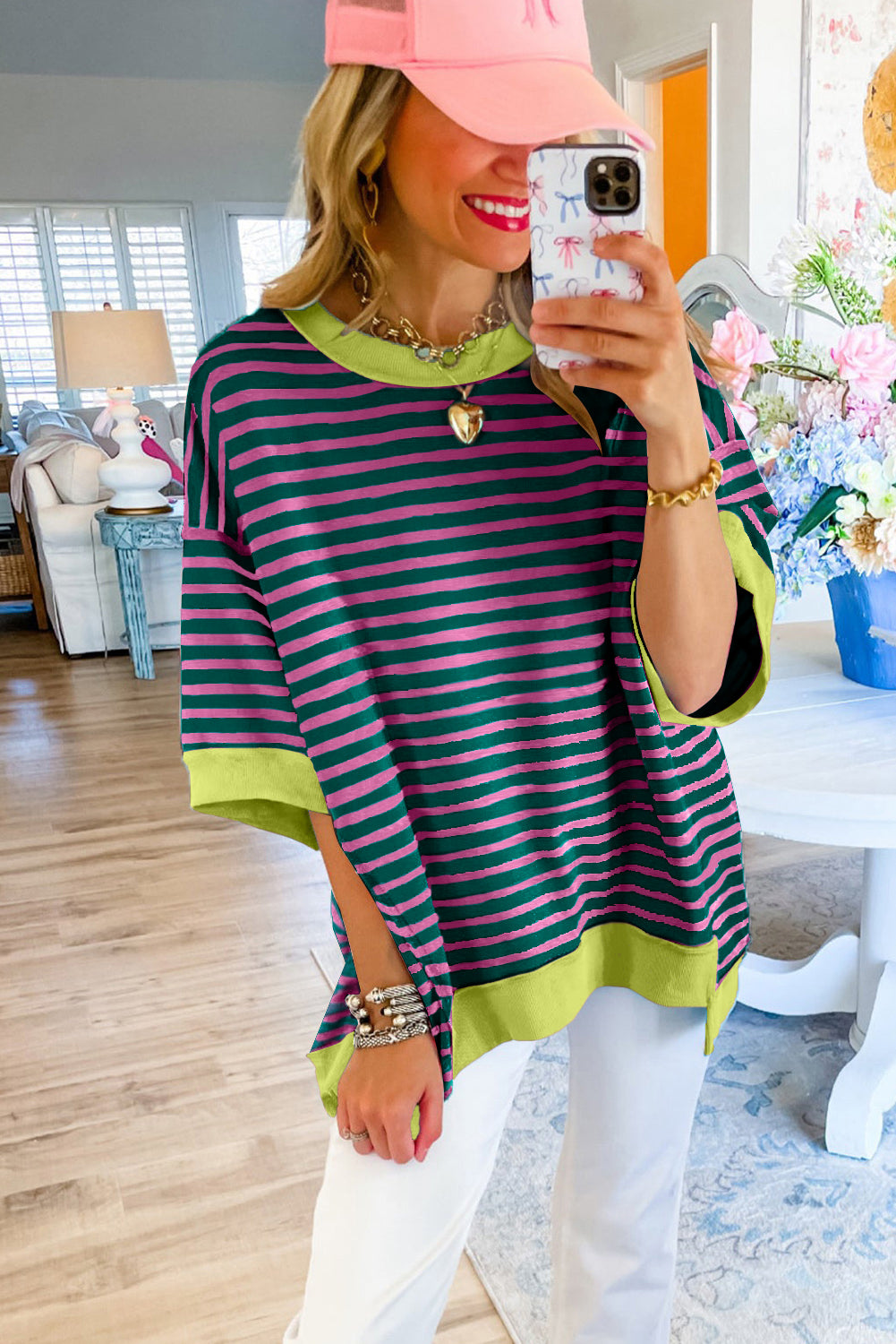 Pink Stripe Colorblock Drop Sleeve Loose Top