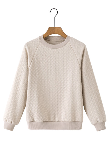 Beige Solid Textured Raglan Sleeve Pullover Sweatshirt