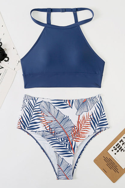 Red Tropical Print Back Split Color Block High Waisted Swimsuit