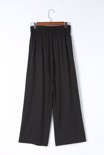 Blue Casual Drawstring Shirred Elastic Waist Wide Leg Pants