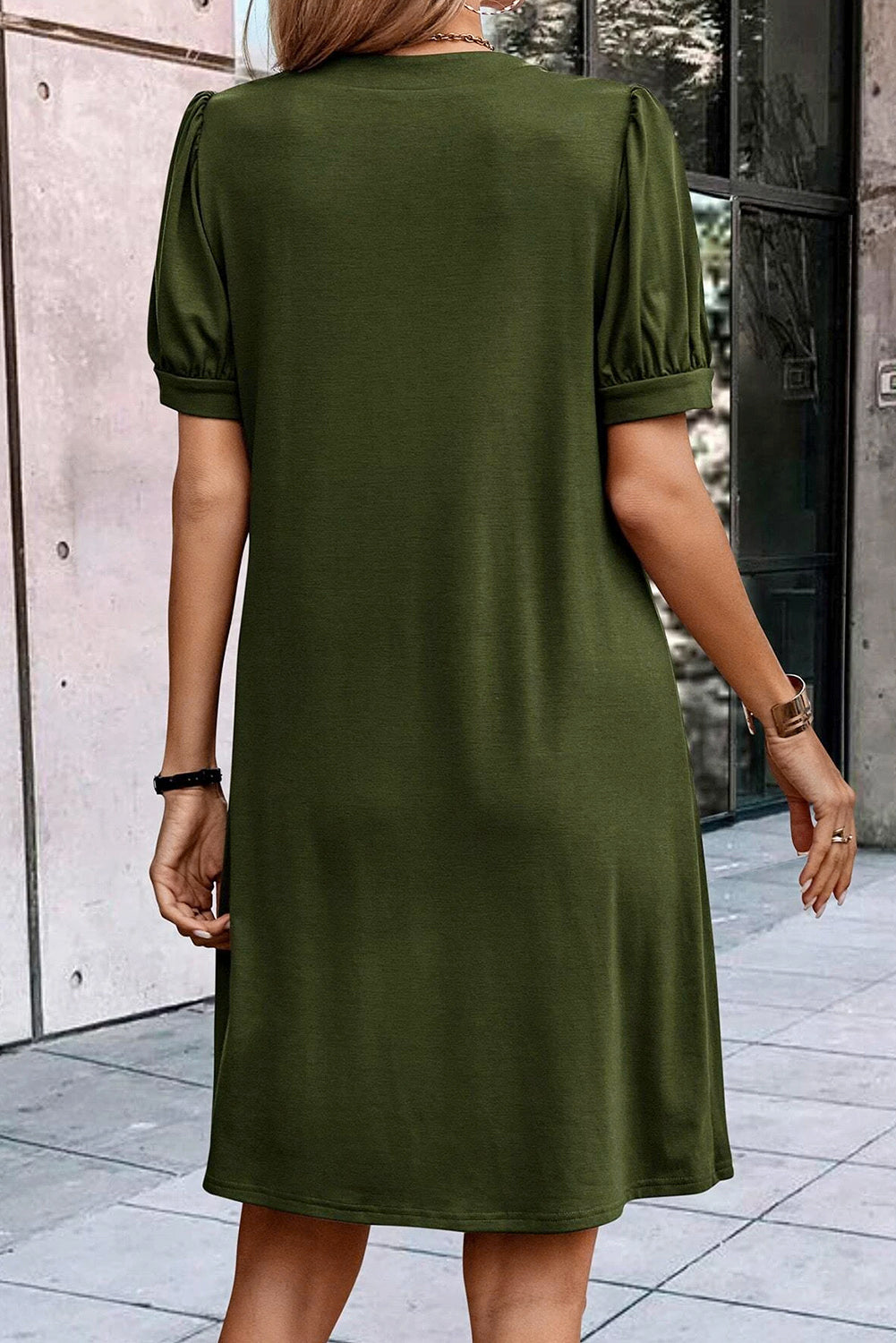 Desert Palm Notched Neck Pleated Puff Sleeve T Shirt Dress