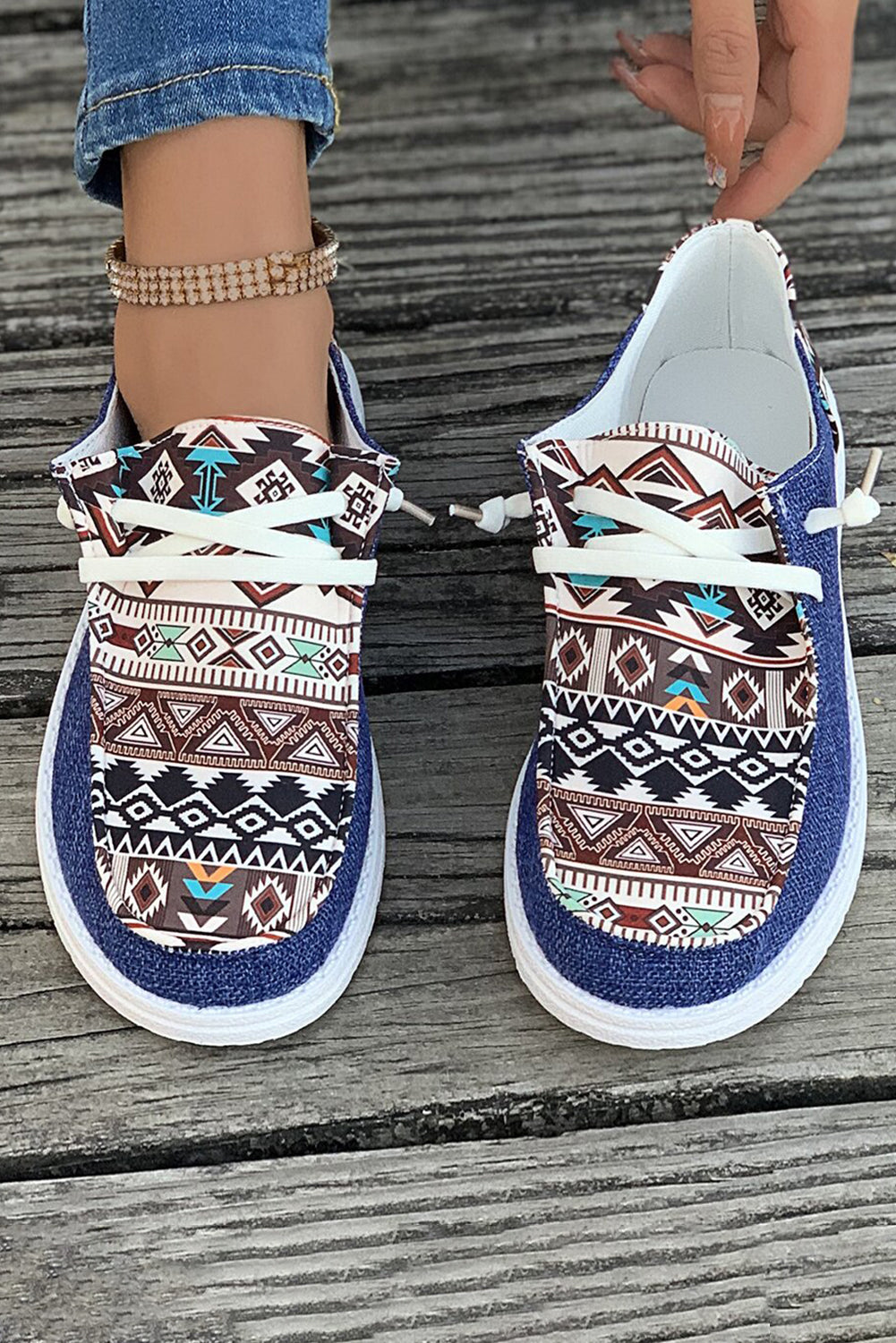 Ashleigh Blue Geometric Print Patchwork Lace Up Decor Sneakers