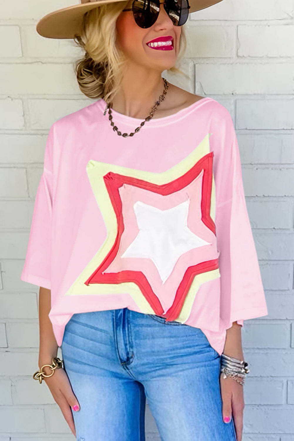 Light Pink Colorblock Star Patched Half Sleeve Oversized Tee