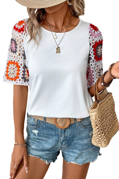 White Floral Hollowed Crochet Sleeve Boho Blouse