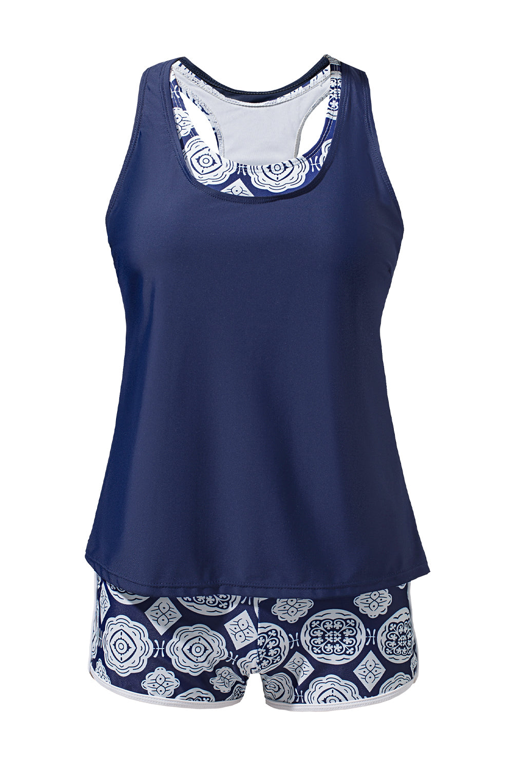 Dark Blue 3pcs Beach Sporty Racerback Tankini Swimsuit