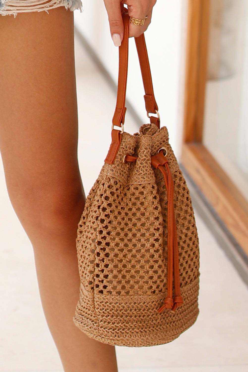 Wholesale Camel Paper Rope Woven Large Capacity Bucket Shoulder Bag