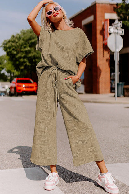 Pale Khaki Textured Loose Fit T Shirt and Drawstring Pants Set